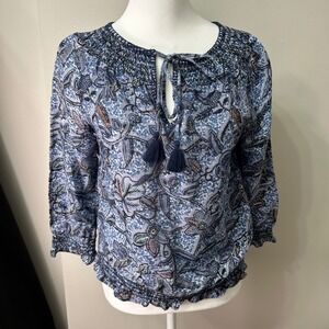 Tory Burch S /P Floral Print Blouse Top‎ Smocked Neckline Tassel Tie Blue  A3
